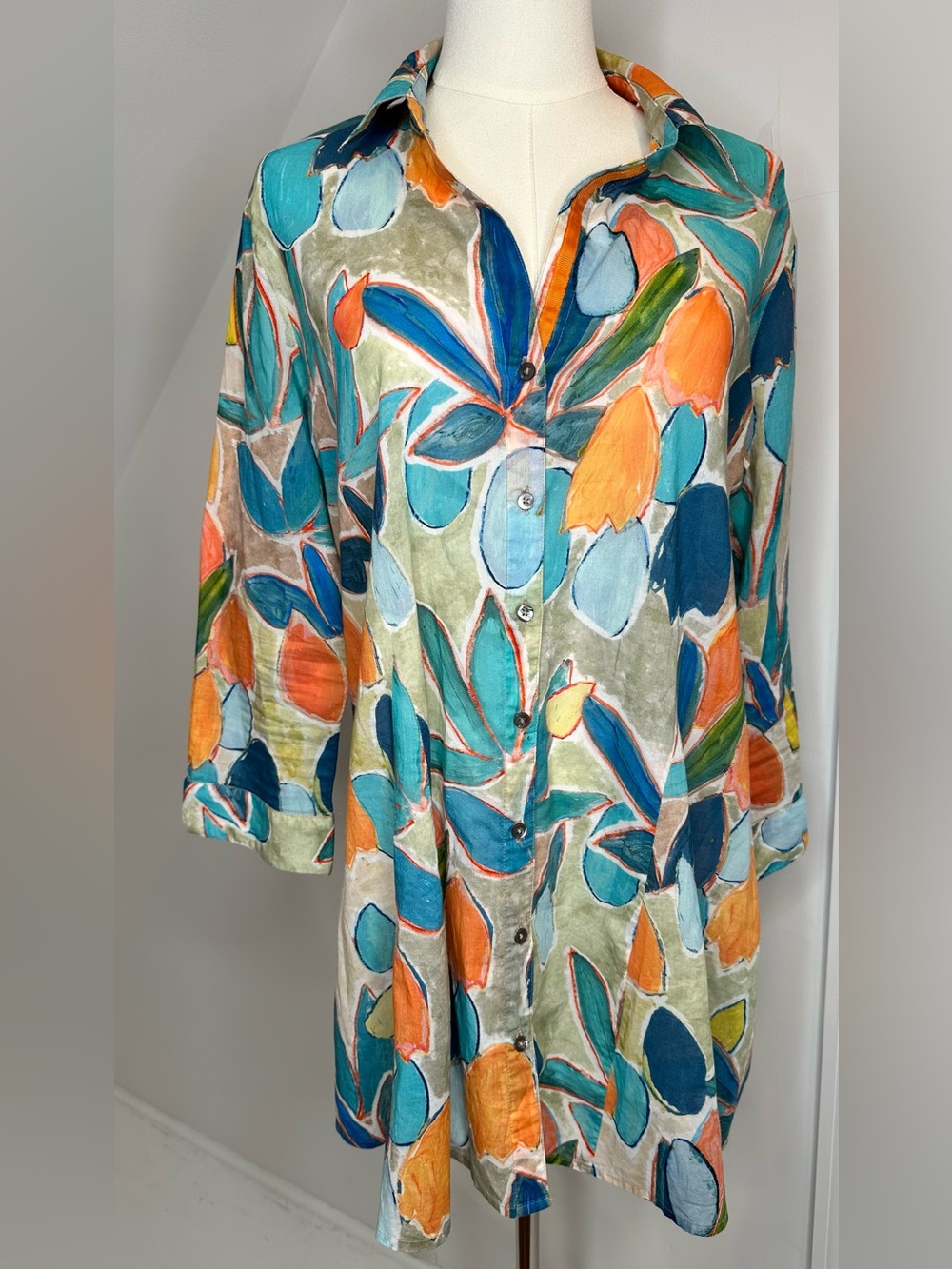 NIC+ZOE Medium 100% Cotton Abstract Floral Crinkle Button Front Tunic Dress